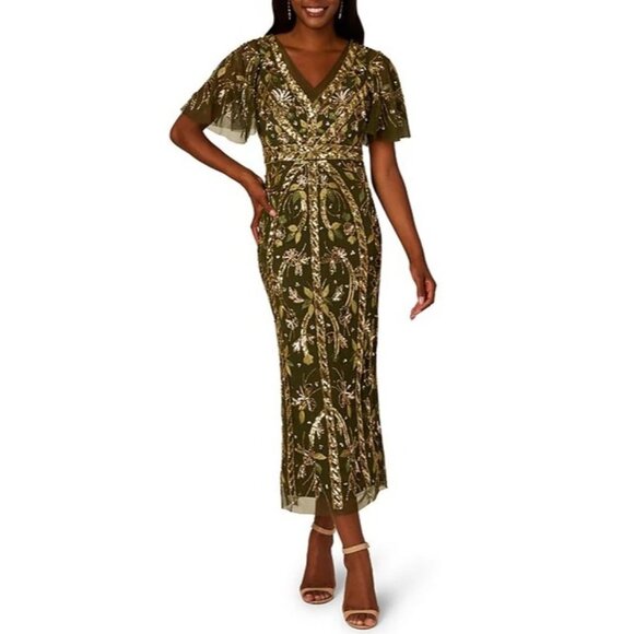 Adrianna Papell Womens Flutter Sleeve Beaded Mesh Ankle Dress Olive Size 22W NEW - Picture 1 of 6